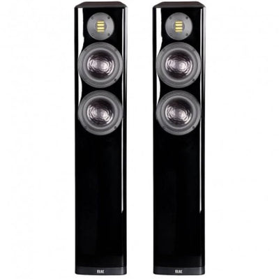Boxe de podea Elac Vela FS 407.2 negre, vedere frontală cu două difuzoare midbass și un tweeter AMT.