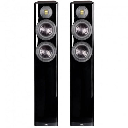 Boxe de podea Elac Vela FS 407.2 negre, vedere frontală cu două difuzoare midbass și un tweeter AMT.