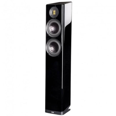 Boxă de podea Elac Vela FS 407.2 neagră, vedere frontală laterală, cu două difuzoare și tweeter vizibile.