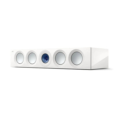 Boxa centru KEF Reference 4 Meta albă, vedere frontală unghi lateral dreapta, 5 difuzoare vizibile, inclusiv Uni-Q.
