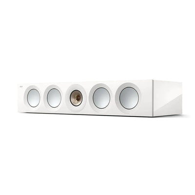 Boxa centrală KEF Reference 4 Meta albă, vedere frontală laterală, cu 5 difuzoare vizibile, inclusiv Uni-Q.