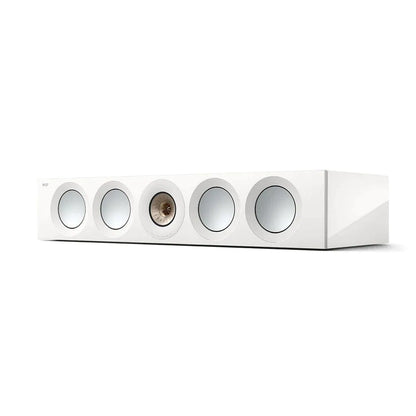 Boxa centrală KEF Reference 4 Meta albă, vedere frontală laterală, cu 5 difuzoare vizibile, inclusiv Uni-Q.