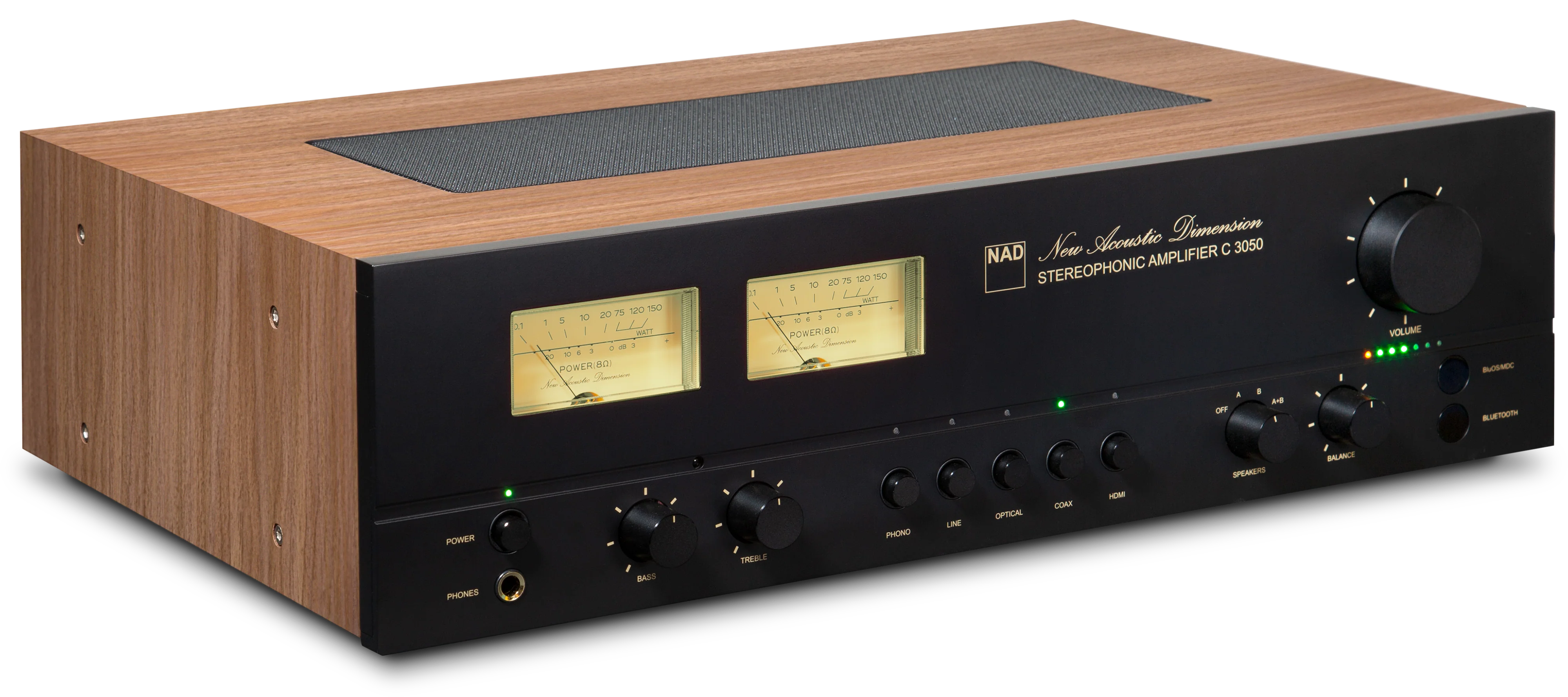 Amplificator stereo NAD C 3050, vedere frontală din dreapta, carcasă finisaj lemn, VU-metre iluminate.