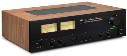 Amplificator stereo NAD C 3050, vedere frontală din dreapta, carcasă finisaj lemn, VU-metre iluminate.