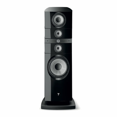 Focal Grande Utopia EM Evo Boxe de podea, vedere frontală, culoare negru lacuit, difuzoare multiple.