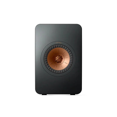 Boxă de raft pasivă KEF LS50 Meta neagră, vedere frontală cu driver Uni-Q central cu con de cupru.