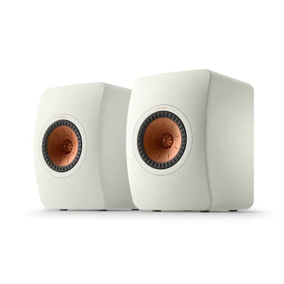 Boxe de raft pasive KEF LS50 Meta, vedere frontală, finisaj alb mineral, difuzoare Uni-Q cu con cupru.