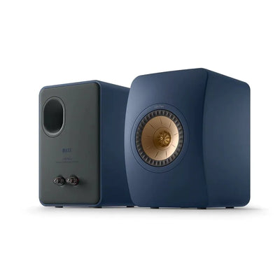 Boxe de raft pasive KEF LS50 Meta albastre, vedere față-spate, difuzor Uni-Q și conectori audio vizibili.