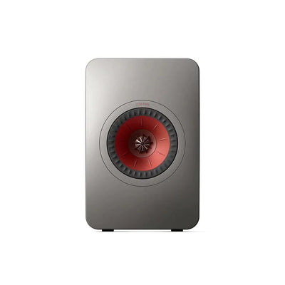Boxă pasivă KEF LS50 Meta gri, vedere frontală, difuzor central roșu Uni-Q vizibil în detaliu complet.