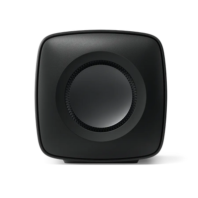 Subwoofer KEF KC62 Carbon Black, vedere laterală, difuzor de 16.5cm vizibil, 1000W, compact.
