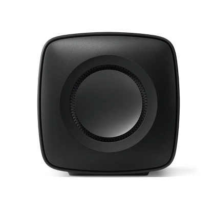 Subwoofer KEF KC62 Carbon Black, vedere laterală, difuzor de 16.5cm vizibil, 1000W, compact.