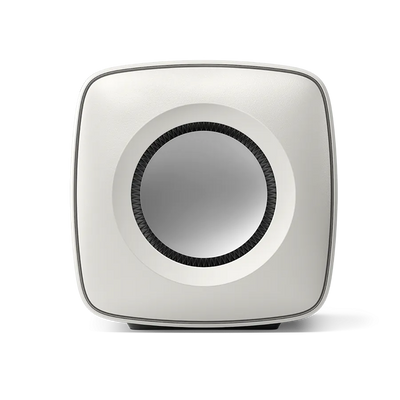 Subwoofer KEF KC62 Mineral White, vedere laterală, difuzor de 16.5 cm vizibil, 1000W, bass activ.
