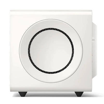 Subwoofer KEF KC92 alb, vedere laterală, cu difuzor de 23 cm vizibil, putere 1000W, design compact.