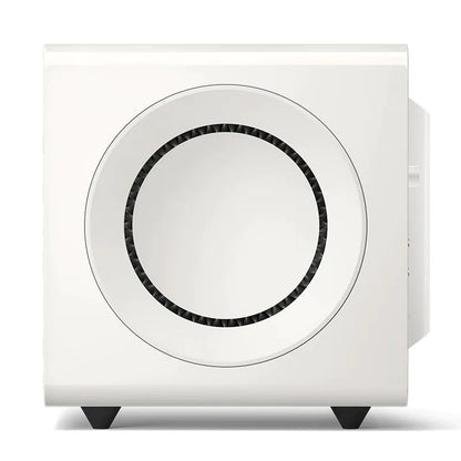 Subwoofer KEF KC92 alb, vedere laterală, cu difuzor de 23 cm vizibil, putere 1000W, design compact.
