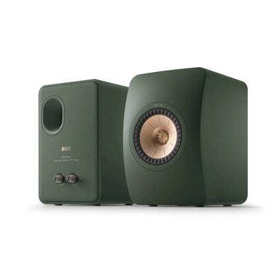 Boxe de raft pasive KEF LS50 Meta culoare verde moss, vedere frontală și spate, difuzor Uni-Q vizibil.