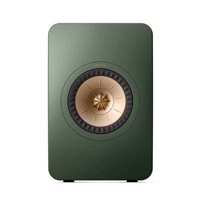 Boxă KEF LS50 Meta pasivă, vedere frontală, finisaj Moss Green, difuzor Uni-Q central vizibil.