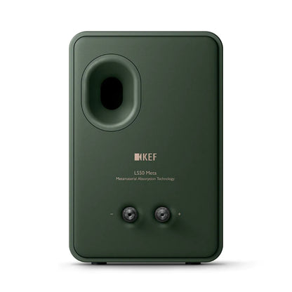 Spate boxă KEF LS50 Meta Moss Green, port bass reflex oval, conectori +/- pentru cabluri audio.