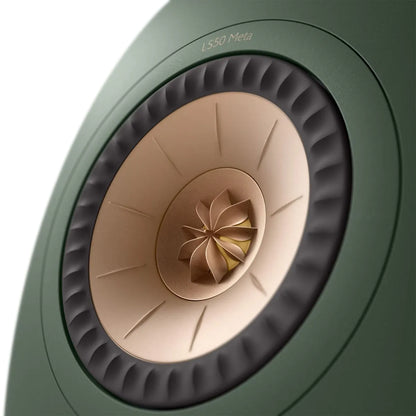 Difuzor KEF LS50 Meta culoare Moss Green, vedere detaliată frontală cu driver Uni-Q și margine neagră.
