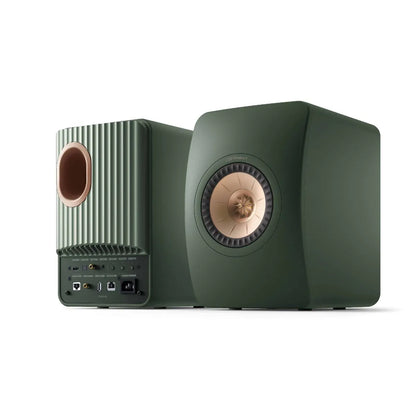 Boxe active KEF LS50 Wireless II culoare Moss Green, vedere spate și față, porturi și difuzor Uni-Q.