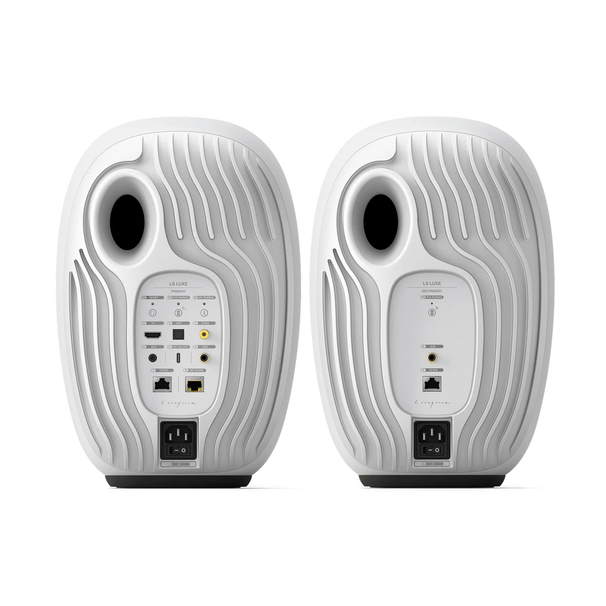 Panoul din spate KEF LS Luxe Mineral White, cu toate conexiunile.