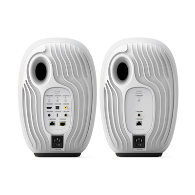 Panoul din spate KEF LS Luxe Mineral White, cu toate conexiunile.
