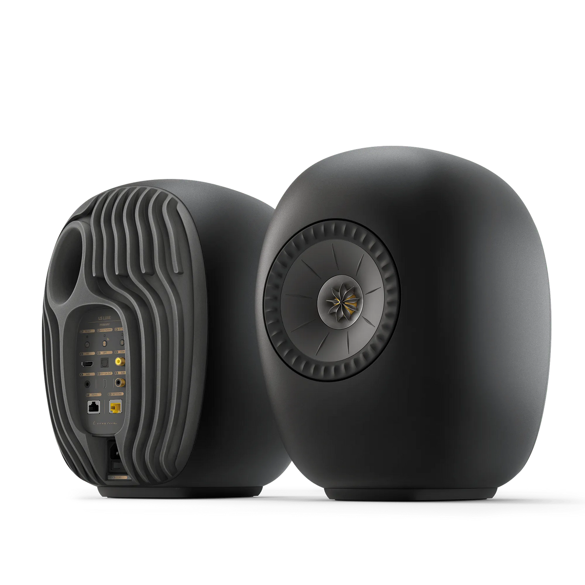 Boxe active KEF LS Luxe Eclipse Black, pereche, vedere frontală și din spate.
