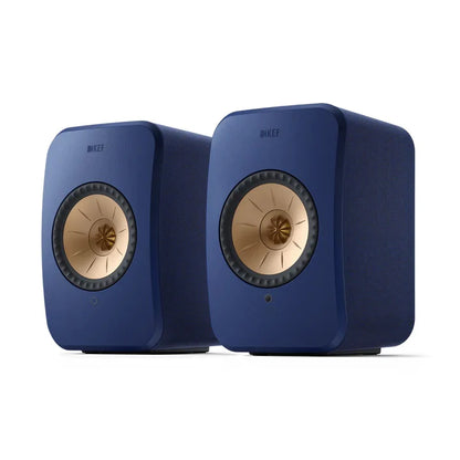Boxe active KEF LSX II albastre, vedere frontală, difuzoare Uni-Q vizibile, conexiuni HDMI și Wi-Fi.