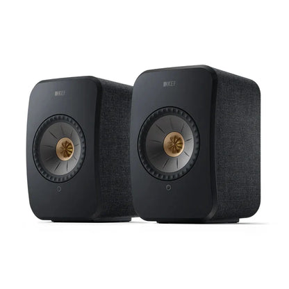 Boxe active KEF LSX II negre, vedere frontală și laterală, difuzoare Uni-Q vizibile, finisaj textil.