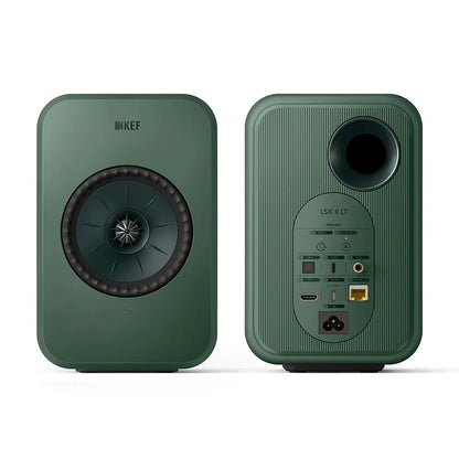 Boxe active KEF LSX II LT verzi, vedere față-spate, cu port HDMI, USB-C, LAN și difuzor Uni-Q.