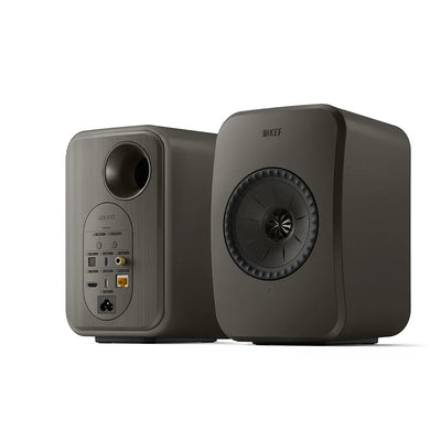 Boxe active KEF LSX II LT gri, vedere față-spate, conectori HDMI, USB-C, Ethernet și difuzor Uni-Q.