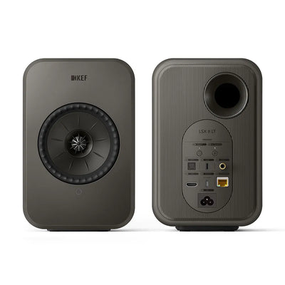 Boxe active KEF LSX II LT gri, vedere față și spate, cu port HDMI, USB-C, Ethernet și difuzor Uni-Q.