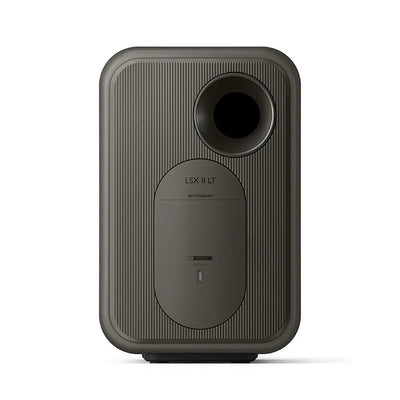 Spate boxă activă KEF LSX II LT gri, port bass reflex, etichetă "Secondary", port conexiune dedicat.