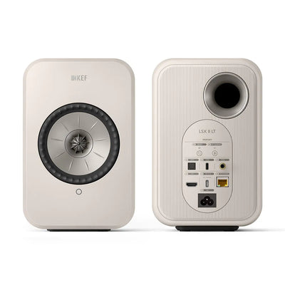 Boxe active KEF LSX II LT albe, vedere față și spate, cu port HDMI, USB-C, Wi-Fi și mufă optic.