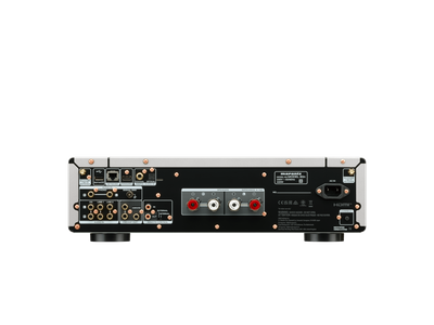 Spatele amplificatorului Marantz Model 60n, negru, cu multiple intrări și ieșiri audio, porturi HDMI și USB.