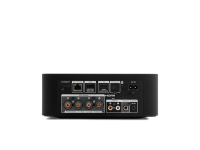 Spatele amplificatorului Marantz Model M1 negru, cu porturi HDMI, USB, rețea, intrări optice și conectori boxe.