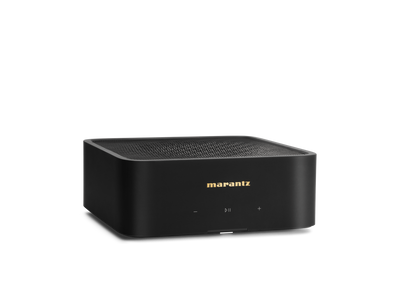 Amplificator Marantz Model M1, vedere frontală, negru, logo auriu, butoane de control vizibile.