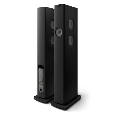Boxe active KEF LS60 negre, vedere frontală și spate, conectori audio vizibili și difuzoare Uni-Q.