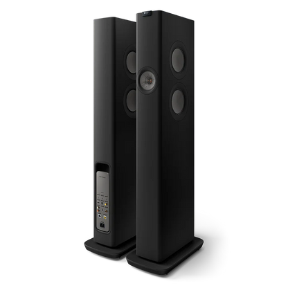 Boxe active KEF LS60 negre, vedere frontală și spate, conectori audio vizibili și difuzoare Uni-Q.