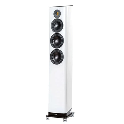 Boxă de podea Elac Vela FS 409.2 albă, vedere frontală, 4 difuzoare vizibile, bază metalică stabilă.