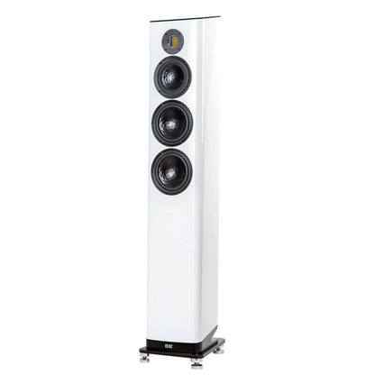 Boxă de podea Elac Vela FS 409.2 albă, vedere frontală, 4 difuzoare vizibile, bază metalică stabilă.