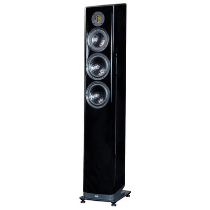 Boxă de podea Elac Vela FS 409.2 negru, vedere frontală laterală, 3 difuzoare și tweeter vizibile.