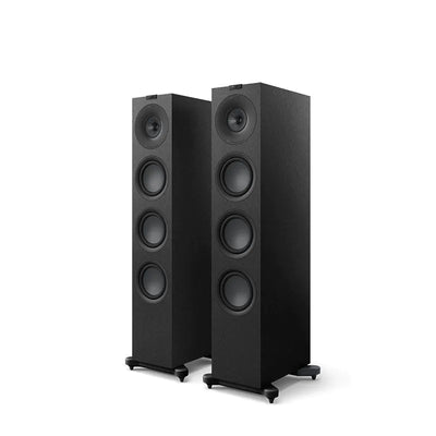 Boxe de podea KEF Q11 Meta negre satin, vedere frontală în pereche, cu patru woofere și un driver Uni-Q.