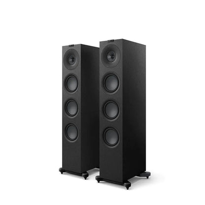 Boxe de podea KEF Q11 Meta negre satin, vedere frontală în pereche, cu patru woofere și un driver Uni-Q.