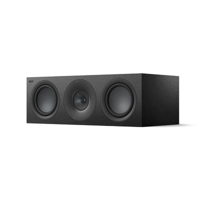 Boxă centrală KEF Q6 Meta, culoare Satin Black, vedere din față în perspectivă, 3 difuzoare vizibile.