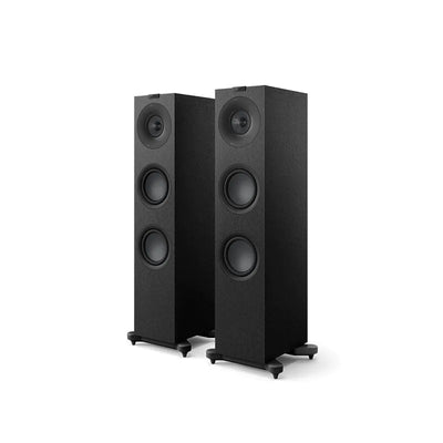 Boxe de podea KEF Q7 Meta negre satin, vedere frontală în pereche, cu trei difuzoare vizibile pe fiecare.