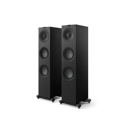 Boxe de podea KEF Q7 Meta negre satin, vedere frontală în pereche, cu trei difuzoare vizibile pe fiecare.