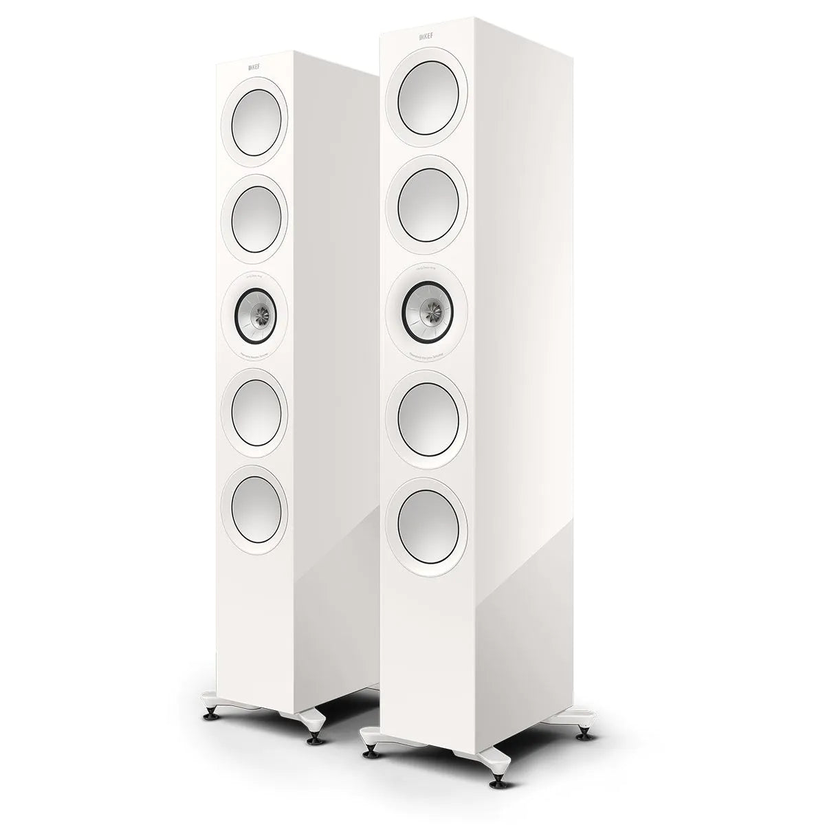 Boxe de podea KEF R11 Meta white gloss, vedere frontală în perspectivă, fără grile, set de două unități.