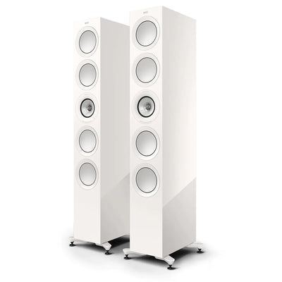 Boxe de podea KEF R11 Meta white gloss, vedere frontală în perspectivă, fără grile, set de două unități.