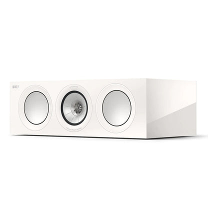 Boxa centru KEF R2 culoare Mineral White, vedere frontală laterală fără grilaj, 3 difuzoare vizibile.