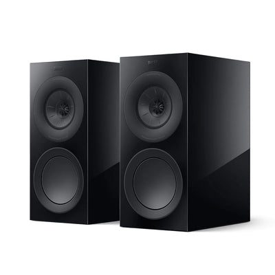 Boxe de raft KEF R3 Meta negre, vedere frontală, difuzoare Uni-Q și woofer vizibile, finisaj lucios.